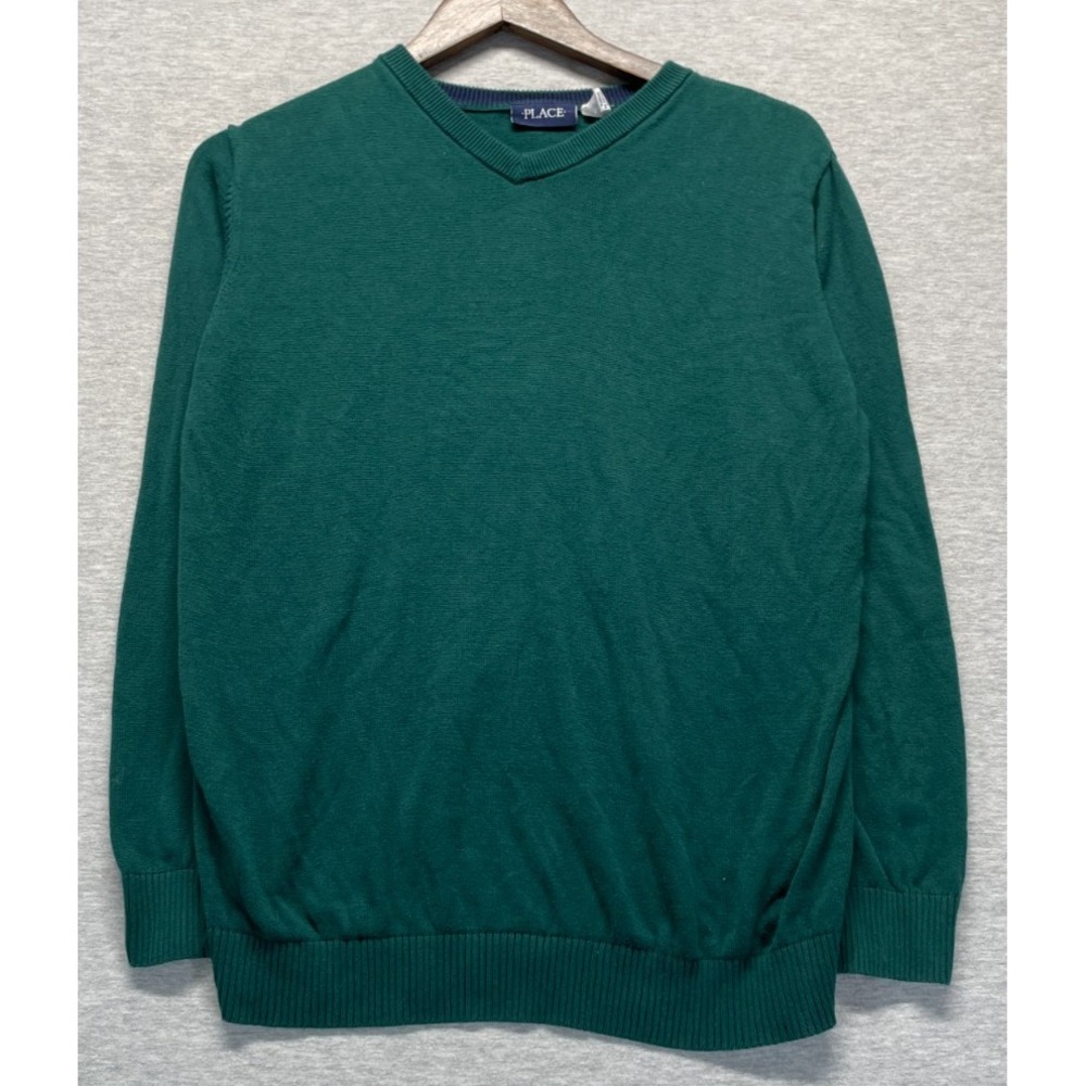 The Children's Place Sweater Boys XL 14 Spruce Green Cotton Ribbed Trim V-Neck